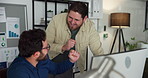 Night, people and fist bump in office with computer for research, discussion and data analytics success. Late, analyst and men in workplace with tech for celebration, business growth and achievement.