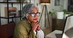 Glasses, night and woman with computer, thinking and proofreading with copywriting agency. Evening, mature person and journalist in office, pc and eyewear with reflection and research for news report
