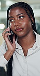 Woman, talk or phone call in office with laptop for b2b networking, planning or communication. Consultant, black person or speaking in workplace with tech for contact, business client or negotiation.