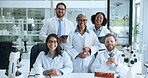 Face, medical and group of people in lab for pathology research, confident or teamwork to study disease. Portrait, smile or proud scientist team in test center, medicine development and collaboration