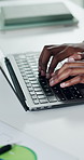 Hands, laptop and woman in office, typing and deadline for news report submission. Person, proofreading or journalist with computer, editing and email with feedback, review or creativity with article