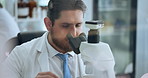 Scientist, man and microscope with investigation for chemistry, testing and medical research. Biotech, laboratory and analysis with DNA inspection for pathology experiment, synthesis and microbiology