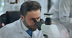 Man, forensic and science study with microscope for medical or scientific discovery in laboratory. Male person, healthcare worker or investigation with biotechnology for exam, results or analysis
