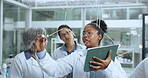 Glass, writing and tablet with people in lab for medical, research and chemistry experiment. Drug trial, chemical compound and collaboration with scientists in clinic for pharmacy and records