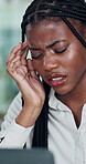 Laptop, business woman and headache in office with discomfort, workload stress and massage temples. Burnout, black person and tech with tension migraine from mental strain, brain fog and overworked