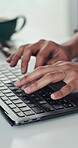 Hands, typing and business woman with laptop for research, accounting admin and internet connection. Closeup, technology and professional person in office for accountant work, keyboard or planning