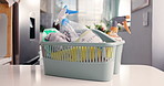Housekeeping, hygiene and basket with cleaning products, kitchen and tools for disinfection or home. Chemical, bottles and supply to remove germs on table, spray and equipment for sanitation in room