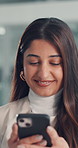 Typing, office and business woman with phone for social media, online networking and connection. Professional, startup agency and happy person on smartphone for message, email and chat on internet
