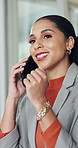 Happy woman, speaking or phone call in office for networking, meeting schedule or b2b communication. Female person, smile and talk in workplace with tech for contact, business client and negotiation.