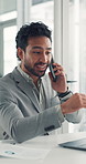 Phone call, finance and business man in office for client negotiation, discussion and consulting. Financial agency, corporate and person on smartphone for investment advisor, contact or communication
