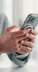 Phone, typing and hands of business person with notification for email, networking and communication. Corporate, office and worker on smartphone for contact, website and internet for online research
