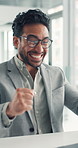 Happy man, fist pump and celebration at office with laptop, success or achievement at finance company. Person, broker and excited for notification, revenue or profit announcement at investment agency