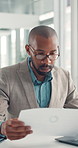 Business man, documents or laptop in office for financial reporting, data analysis or forecasting. Finance manager, black person or paperwork at workplace for investment management or budget planning
