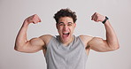 Flex, muscle and face of man in studio excited for fitness, strength and workout results. Exercise, bodybuilder and portrait of person with biceps, strong arms and confidence on white background