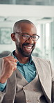 Happy man, fist pump and success at office with laptop, celebration or achievement at finance company. African person, broker and excited for goal, revenue or profit announcement at investment agency