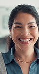 Happy, business and woman with face in office for accounting, career pride and about us. Portrait, female person and laughing as financial advisor, positive attitude and pride at investment company