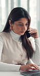 Phone call, laptop and business woman in office for client negotiation, talking and consulting. Finance agency, corporate and person on smartphone for investment deal, contact and financial advice