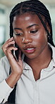 Black woman, talk and phone call in office for b2b networking, negotiation and communication. Consultant, female person and speaking in workplace with tech for contact, business deal and development.