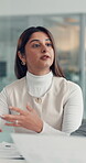Business woman, documents or meeting in office with financial pitch, feedback or risk assessment. Investment banker, client or discussion with paperwork for data analysis or advice on raising capital