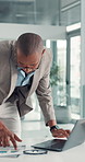 Business man, documents or typing on laptop for financial reporting, policy update or budget review. Finance manager, black person or statement in office for company risk management or email feedback