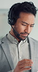 Headset, talking and business man on tablet in office for financial advice, investor and consulting. Professional, corporate and person on digital tech for virtual assistance, finance deal or contact