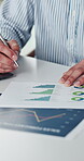 Paperwork, approval and hands with pen, office and data analysis for financial report, graph or info. Accountant, document and person with statement for deadline, chart and tax preparation on desk