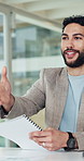 Business, handshake and man with documents, hiring and onboarding with smile, offer or agreement. Contract, shaking hands or person with recruitment, resume or job interview with achievement or goals