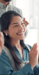 Woman, team and applause at office meeting, celebration or excited for success at media company. Person, group and smile with achievement, goal and clapping for profit announcement at creative agency