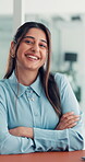 Face, human resources or woman with arms crossed in office, pride or about us for corporate career . Recruitment, professional or confident employee with smile in workplace, we are hiring or portrait