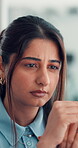 Thinking, serious and girl in office with reading, online communication and feedback on email app. Closeup, digital and woman in agency with typing, networking or research for proposal update.
