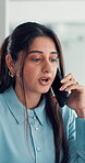 Phone call, talking and business woman in office for virtual consultant, communication or client briefing. Project update, contact and advisor chat with person in agency for conversation and proposal