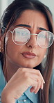 Business, woman and graphs with computer in office for research, proofreading and article sales. Person, glasses and pc reflection for media statistics, copywriting report and revenue for publication