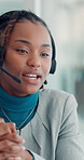Call center, microphone and business black woman in office for travel agent, vip package and contact us. Customer support, booking advisor and holiday guide with tour operator for trip reservation 