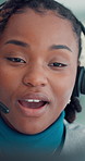 Call center agent, contact us or black woman talk for language translation, help desk or faq. Crm, headset or consultant with tech for customer service, multilingual support or business communication