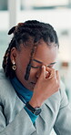 Stress, headache and eye strain with business black woman in office for project deadline, burnout and anxiety. Pressure, brain fog and mistake with frustrated person for overwhelmed and exhausted
