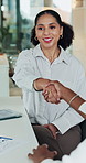 Business, handshake and woman with tablet, presentation and onboarding with smile, offer or agreement. Contract, shaking hands or person with tech, partnership and achievement with project or success