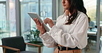 Hands, tablet and business woman in office as lawyer with online case information, notes or overview. Female attorney, technology and stylus with internet connection, planning and legal research
