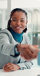 Business, hiring and woman in office, handshake and human resource management with job interview. People, employees and candidate in workplace, recruitment and agreement with contract and thank you