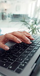 Laptop, business woman and hands typing report, email or copywriting with research for story online. Keyboard, content writer and writing blog in office, newsletter and editing article for review