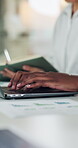 Hands, laptop and graph paperwork with typing for data entry, worker capturing info or notes in meeting. Stats, charts and documents with tech for records, analytics and person inputing figures