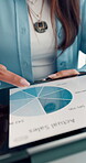 Hands, person and charts on tablet in office with data analysis, company sales and profit stats. Above, woman and digital screen with finance report, revenue comparison and infographic of performance