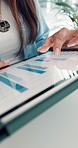 Hands, person and graphs on tablet in office with data analysis, company sales and profit stats. Above, woman and digital screen with finance report, revenue comparison and infographic of performance
