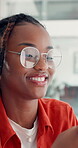 Black woman, glasses or typing in office with phone for text message, email feedback or social media chat. Happy, person or scroll with tech reflection, online networking and mobile app conversation.