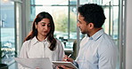 People, tablet and documents in office with conversation for research, planning or investment opportunity. Tech, paperwork and business team with discussion for development, review and collaboration.