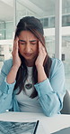 Headache, chaos and business woman in office with stress for deadline, overworked and burnout. Time lapse, company and person with fatigue, tension and migraine for pressure, crisis and frustrated