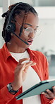 Headset, communication or black woman with tablet in office, technical support or digital consultation. Customer care, virtual assistant or talking to help client, contact or tech for troubleshooting