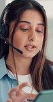 Call center agent, talking and woman with tablet for language translation, help desk or faq. Tech, headset and consultant speaking for customer service, multilingual support or business communication