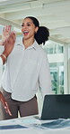 High five, collaboration or people in office with laptop, director feedback or pride for financial report. Success, team or analyst in agency with technology, collective bonus or good news in email.