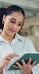 Reading, office and business woman with tablet for email, check schedule and compliance report. Workplace, smile and advisor with tech to scroll review, policy development or research project online