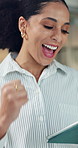 Excited, business and woman with fist pump on tablet for good news, winning bonus and celebration. Happy, person and digital for reading email, online announcement and achievement for salary increase